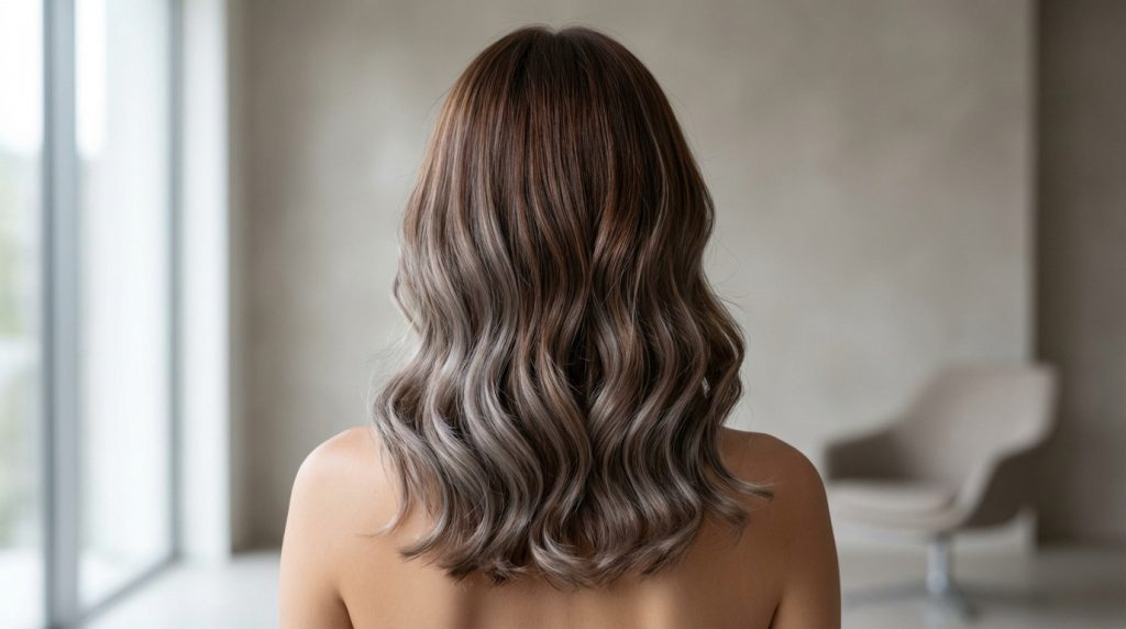 Vue de dos d'une femme aux cheveux mi-longs, ondulés, avec un balayage gris sur une base châtain. Effet de couleur moderne.