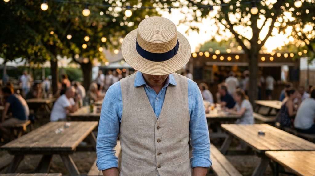 Homme en canotier, chemise en lin et gilet, dans l'ambiance chaleureuse d'une guinguette en soirée.