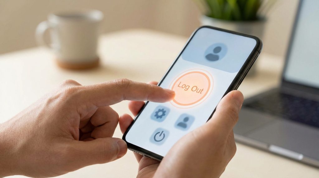 Une personne appuie sur le bouton "Log Out" (Se déconnecter) sur l'écran d'un smartphone, pour fermer sa session.