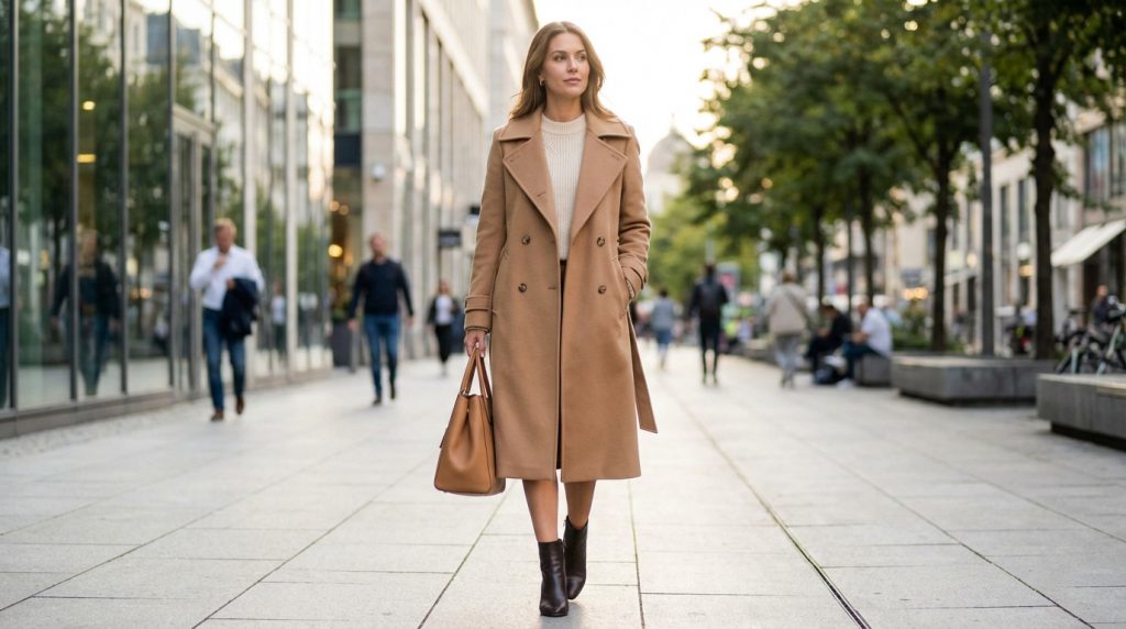 Femme élégante en manteau camel et pull crème marchant sur un trottoir urbain. Elle porte un sac camel et des bottines foncées.