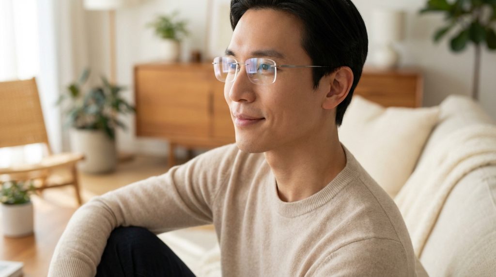 Portrait d'un homme souriant en pull beige, portant des lunettes sans monture discrètes, dans un intérieur lumineux.