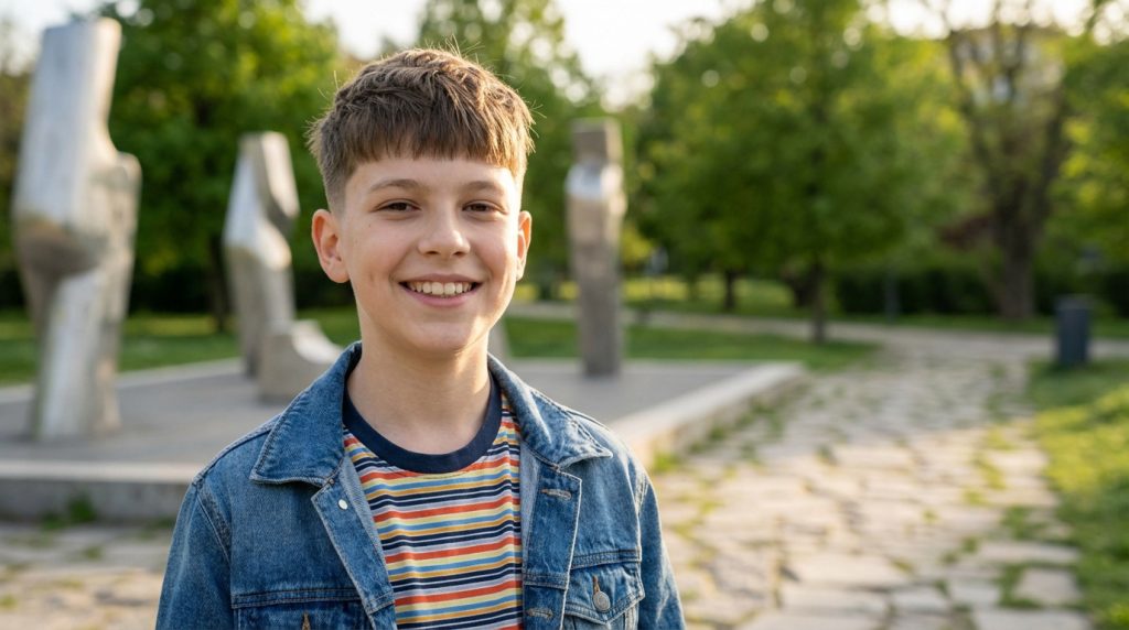 Portrait d'un garçon de 12 ans souriant, cheveux courts et stylés, veste en jean, dans un parc verdoyant.