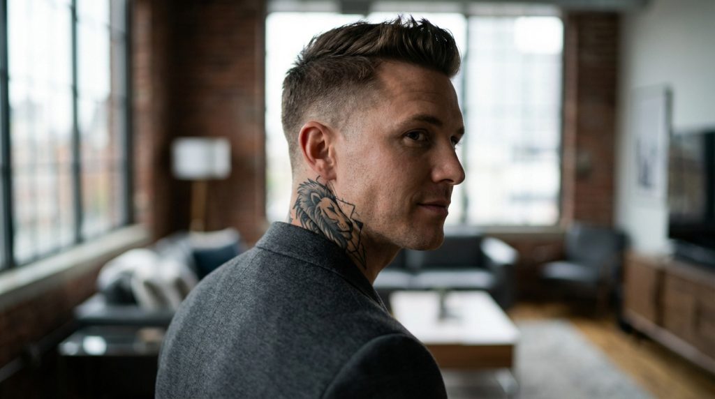Homme caucasien au regard intense, portant un tatouage de tête de lion stylisée sur le cou, dans un intérieur moderne et lumineux.