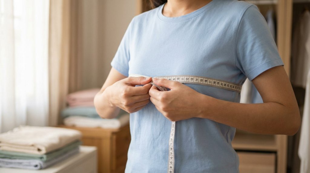 Gros plan sur une femme mesurant son tour de poitrine avec un mètre-ruban blanc sur un t-shirt bleu clair, cherchant la bonne taille.