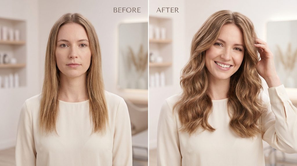 Photo avant/après d'une femme. Cheveux raides et blonds avant, puis longs, ondulés et volumineux après permanente wavy. Elle sourit.
