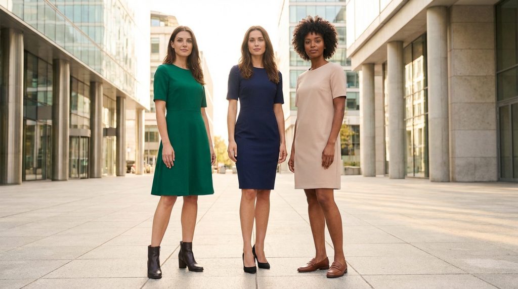 Trois femmes en robes longueur genoux (verte, bleu, beige), portant bottines, talons aiguilles et mocassins, devant des bureaux modernes.