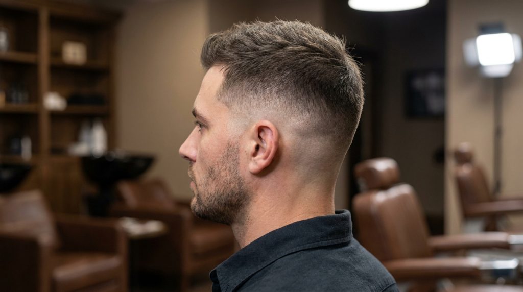 Vue latérale d'un homme avec une coupe de cheveux taper fade et une courte barbe, dans un salon de coiffure moderne.