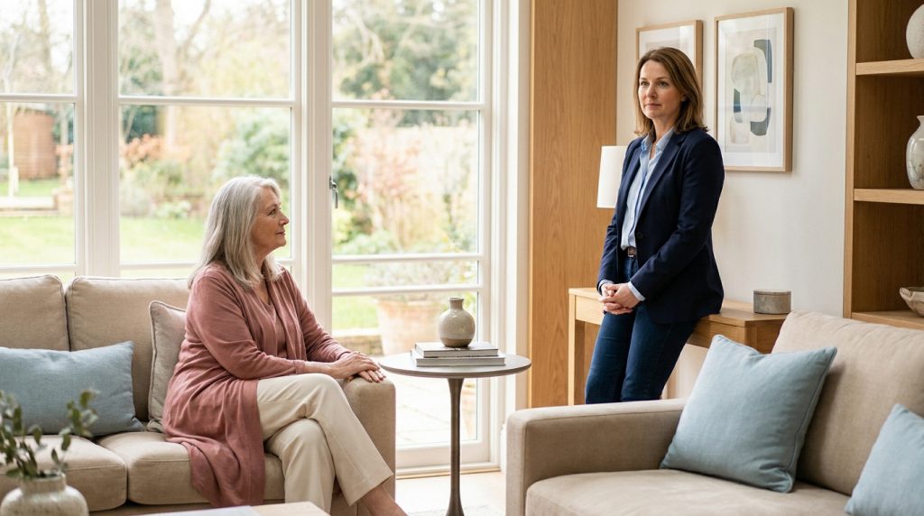 Deux femmes de générations différentes dans un salon lumineux. L'aînée est assise pensive, la plus jeune debout et attentive.