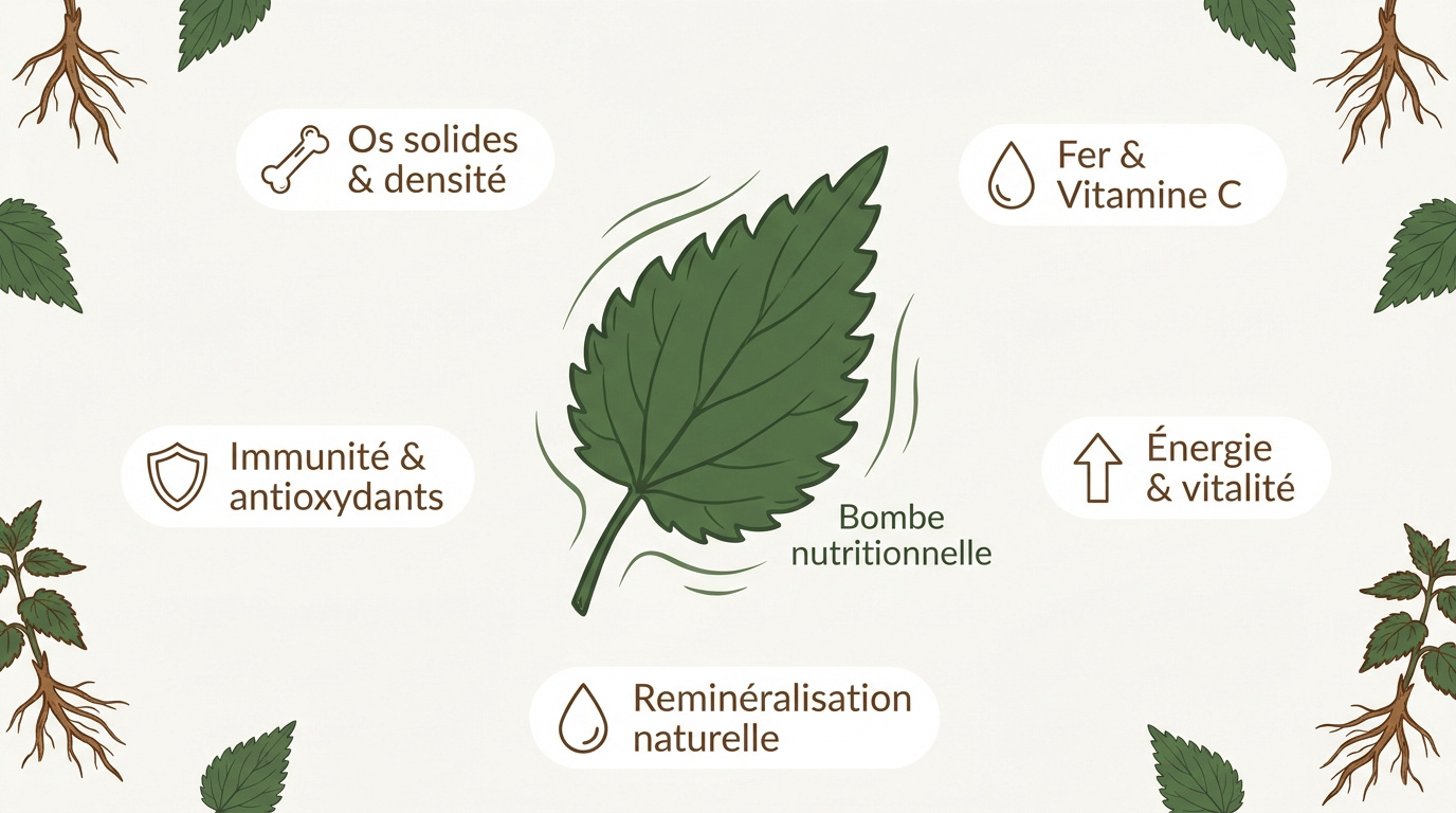 Illustration des feuilles d'ortie piquante et ses composants nutritionnels