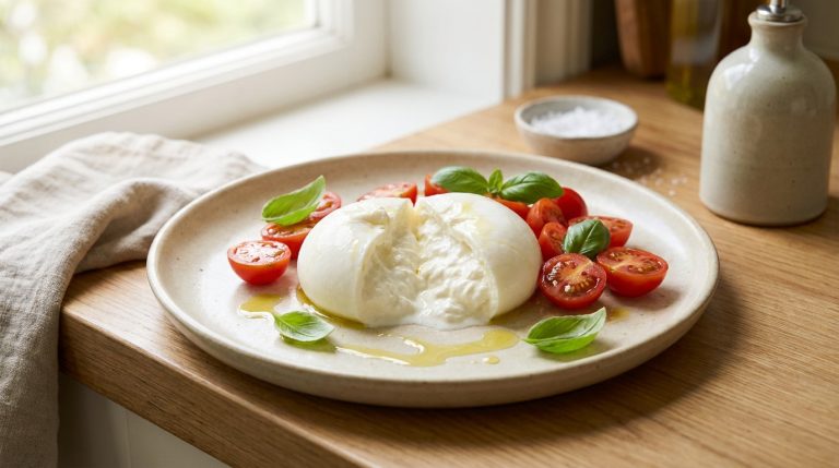 Assiette de burrata coupée révélant son cœur crémeux, accompagnée de tomates cerises, basilic frais et filet d'huile d'olive.