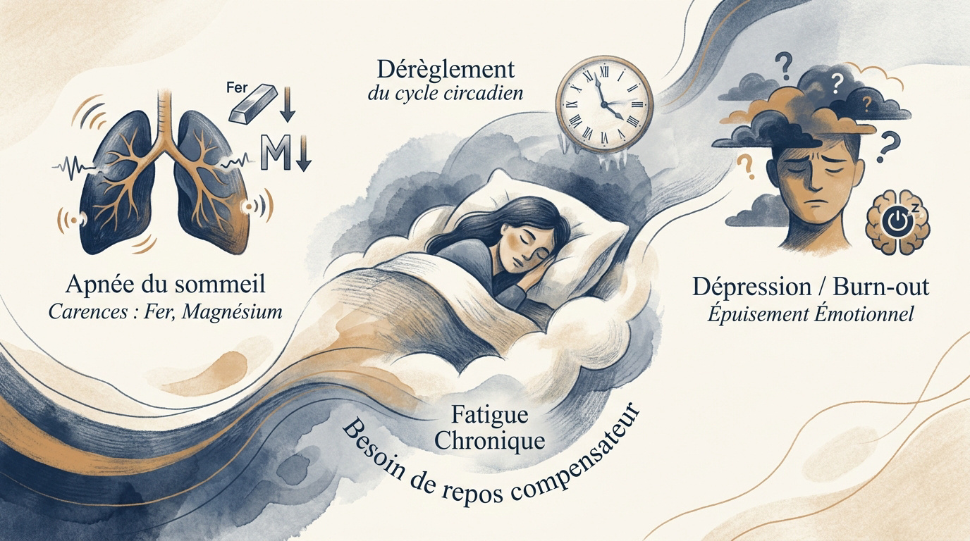 Illustration d'une personne fatiguée cherchant à comprendre les causes de son sommeil excessif