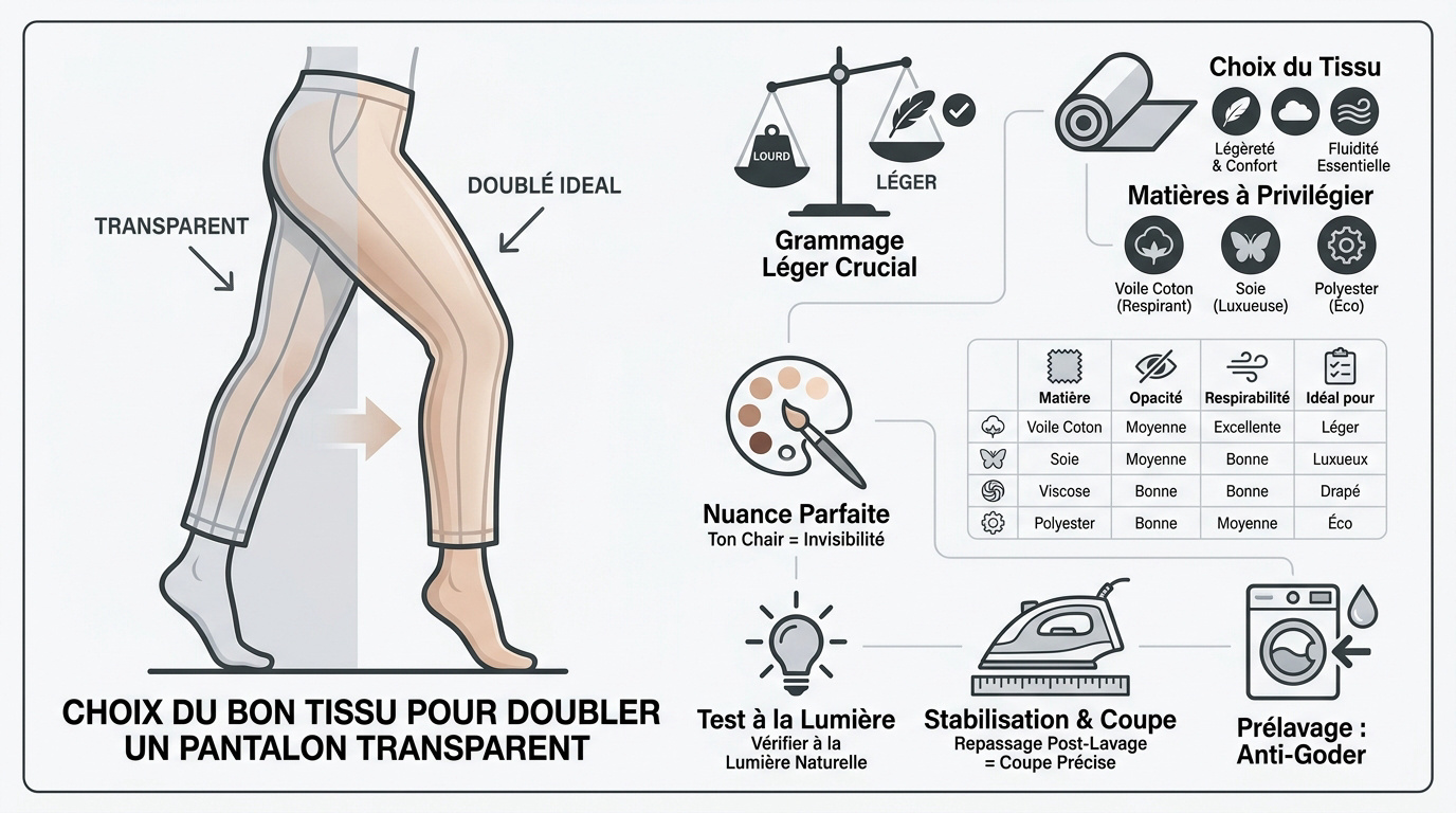 Sélection de tissus légers et opaques pour doubler un pantalon transparent