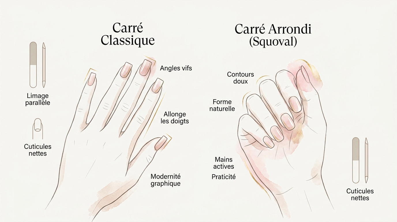 Comparaison entre la forme d'ongle carré classique aux angles vifs et la forme carré arrondi plus douce