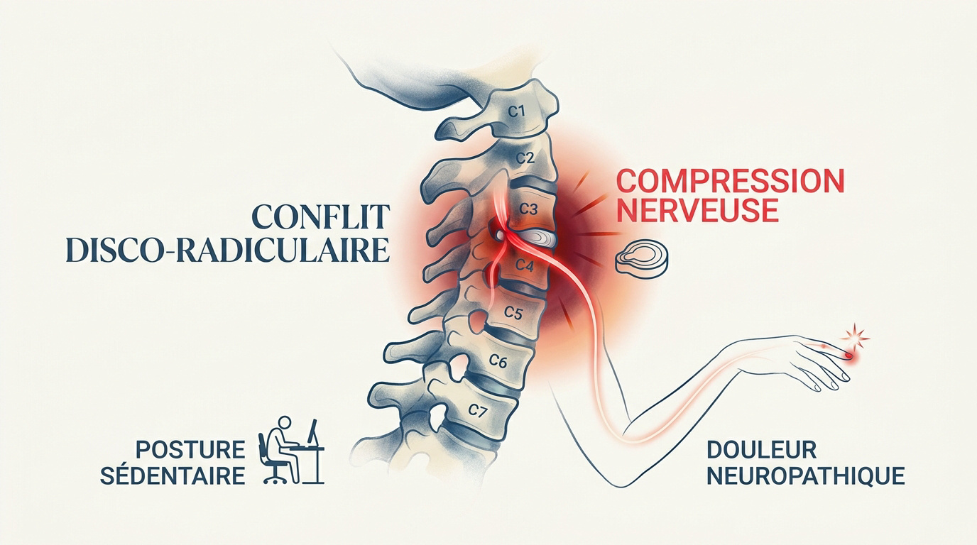 Schéma illustrant la compression d'une racine nerveuse cervicale et la douleur irradiante dans le bras