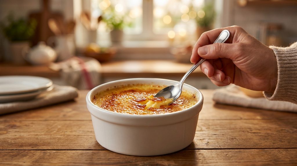 Une main tenant une cuillère plonge dans une crème brûlée caramélisée, révélant la crème onctueuse. Ambiance cuisine chaleureuse.
