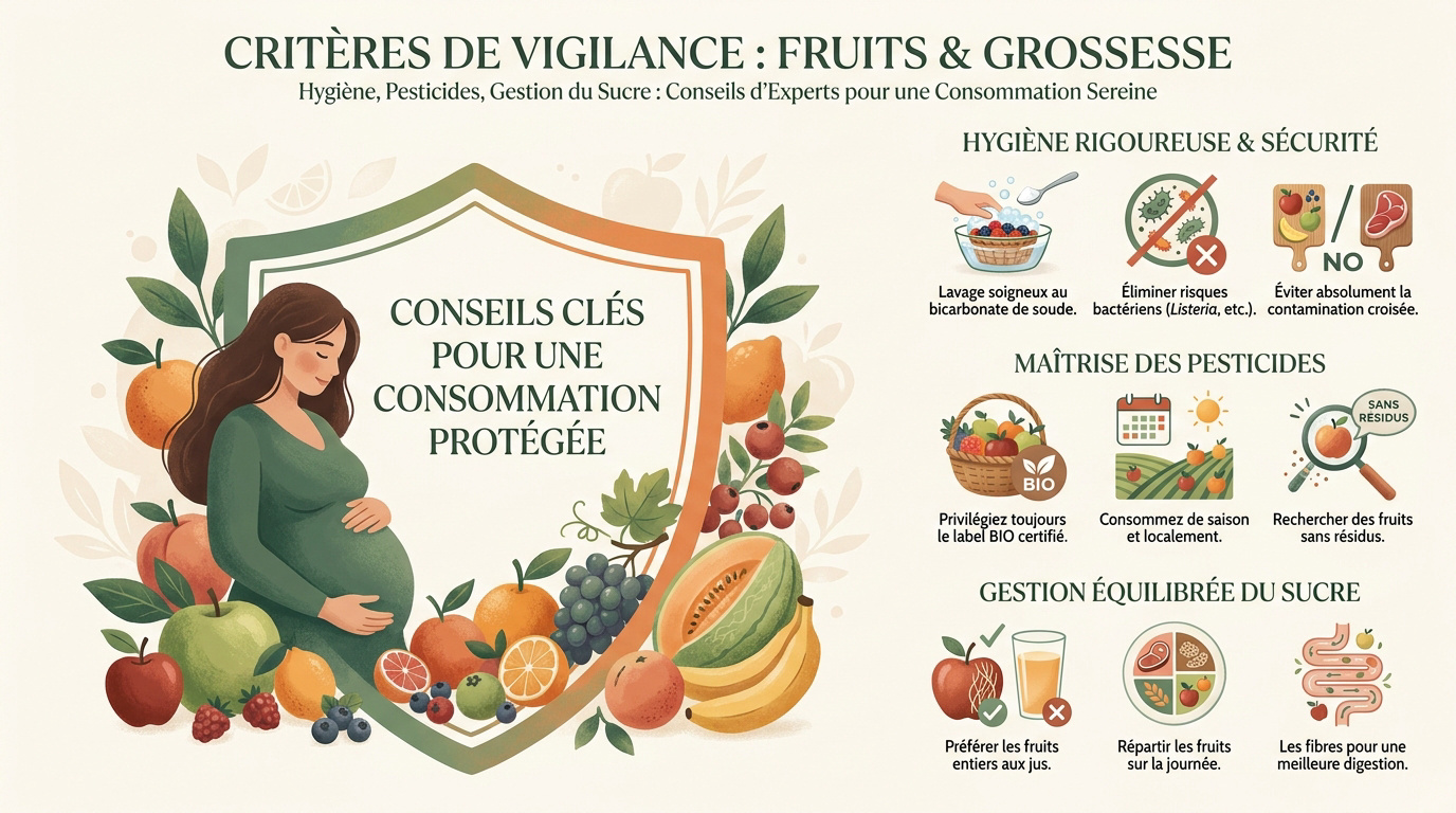 Sélection de fruits frais et précautions d'hygiène pour femme enceinte