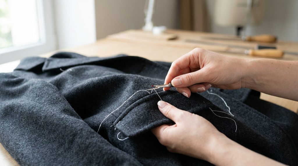 Une personne utilise un découseur pour ouvrir délicatement la poche d'un manteau gris foncé en tissu lainé, du fil blanc est visible.