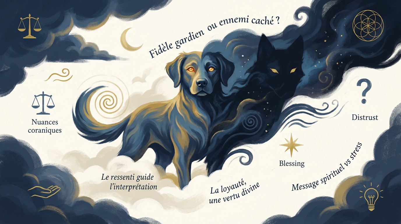 Représentation symbolique d'un chien entre ombre et lumière illustrant la dualité en islam