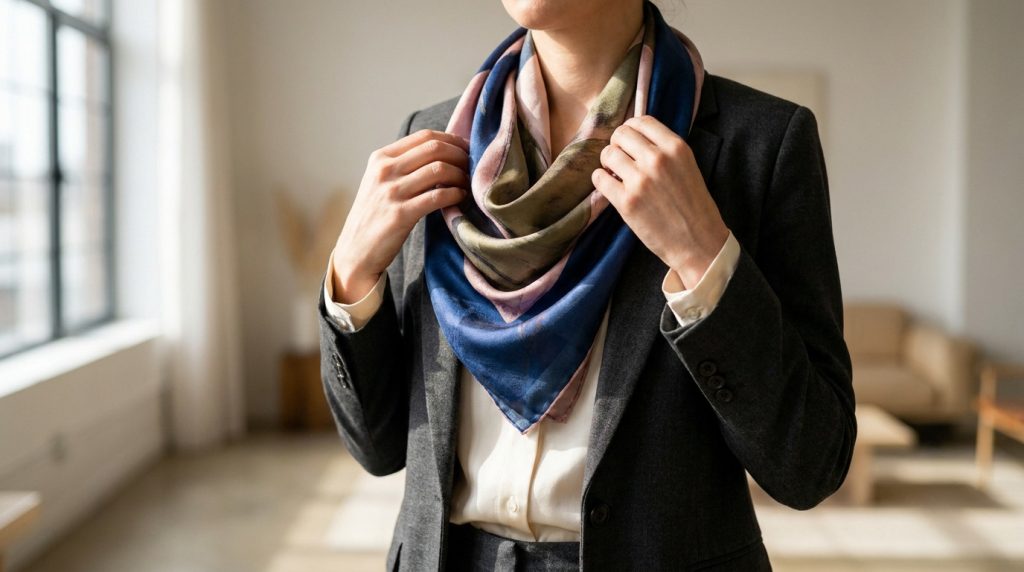 Gros plan sur une personne ajustant un foulard en soie multicolore (bleu, vert, rose) sur un blazer gris dans un intérieur lumineux.