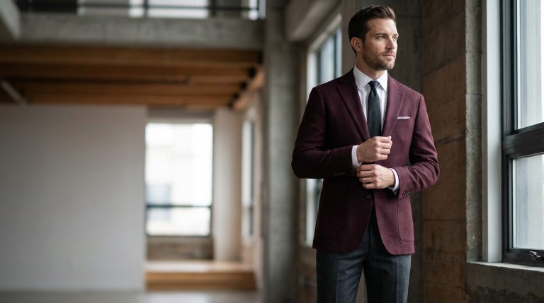 Homme élégant en blazer bordeaux, chemise blanche, cravate foncée et pantalon gris, ajustant sa manchette près d'une fenêtre.