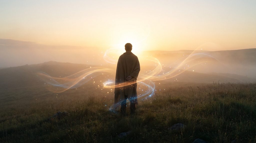 Une figure solitaire en cape face à un lever de soleil mystique, entourée de lumières éthérées dans un paysage brumeux.