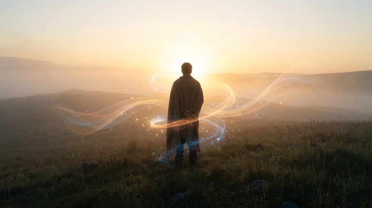 Une figure solitaire en cape face à un lever de soleil mystique, entourée de lumières éthérées dans un paysage brumeux.