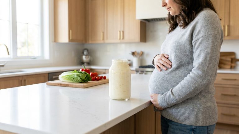 Une femme enceinte dans sa cuisine, une main sur son ventre. Près d'elle, un pot de mayonnaise et des légumes frais.