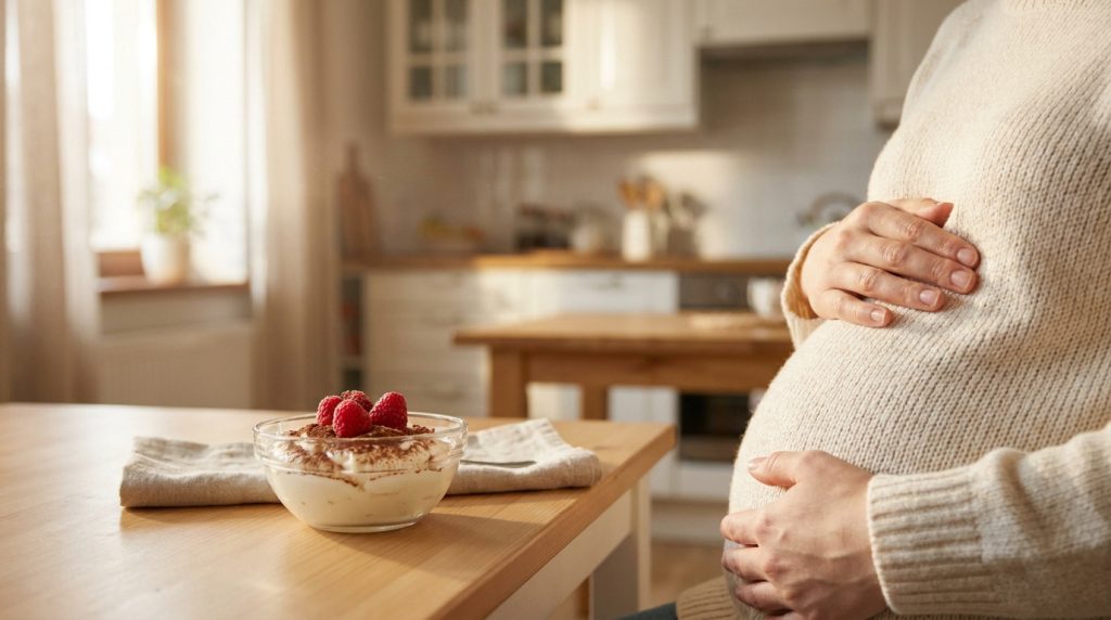 Une femme enceinte en pull beige caresse son ventre, avec un dessert au mascarpone, cacao et framboises sur une table en bois.