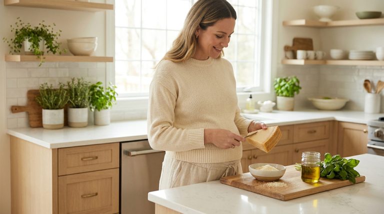 Image d'une femme enceinte souriante dans une cuisine lumineuse, râpant du parmesan sur une planche avec huile d'olive et basilic frais.