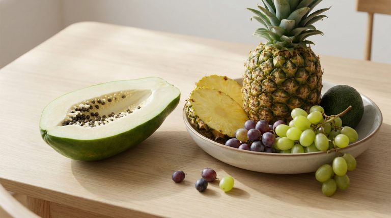 Une papaye verte coupée en deux, un ananas entier et des tranches, des raisins et un avocat sur une table en bois clair.