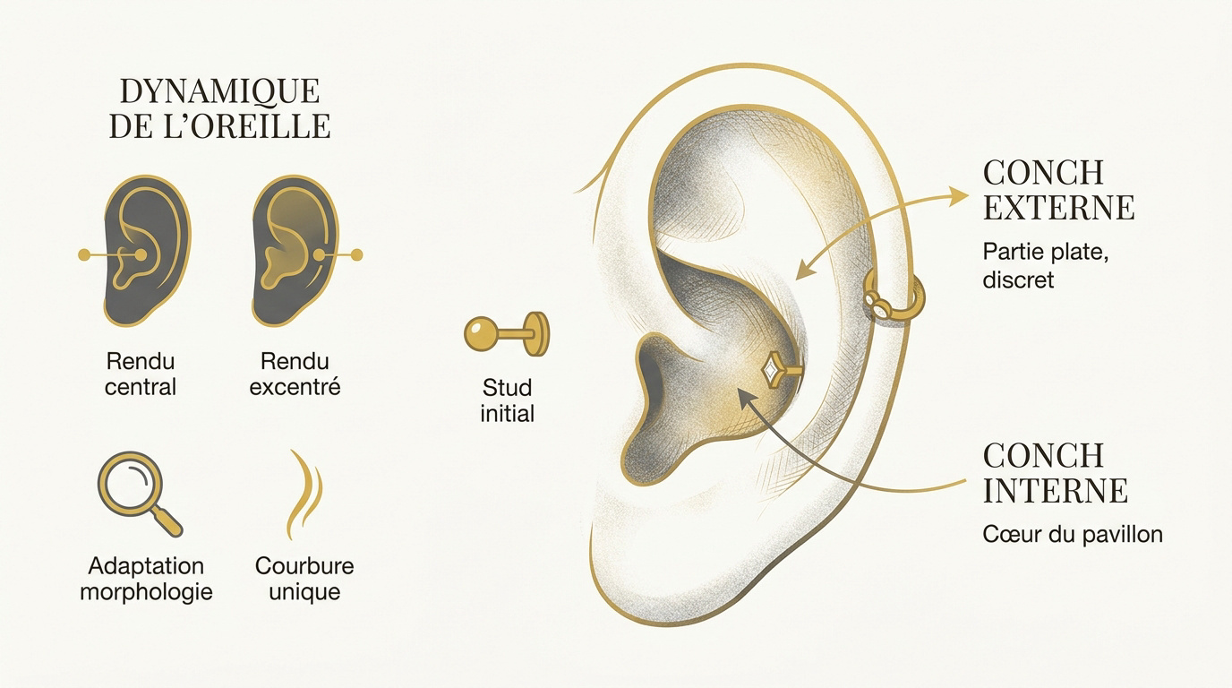 Schéma anatomique des emplacements pour un piercing conch interne et externe sur le cartilage de l'oreille