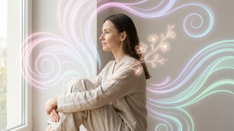Femme sereine assise près d'une fenêtre, son profil éclairé par des motifs lumineux de fleurs et de volutes pastel.