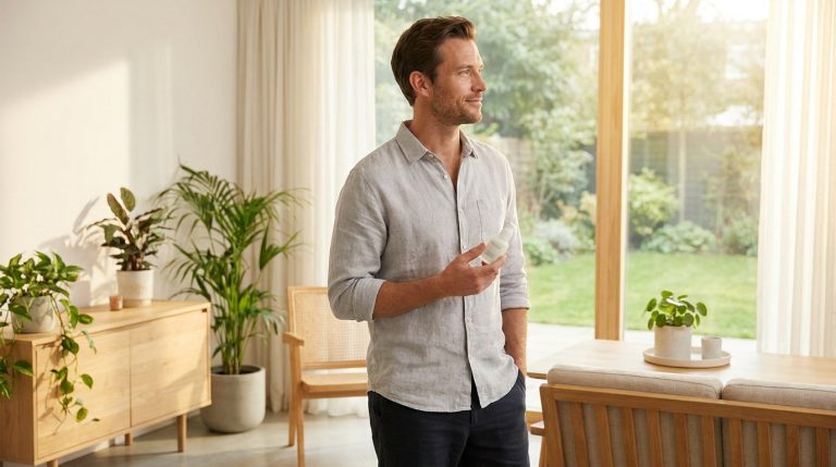 Homme souriant en chemise de lin, tenant un flacon de soin, dans un salon lumineux avec plantes, symbolisant le bien-être.