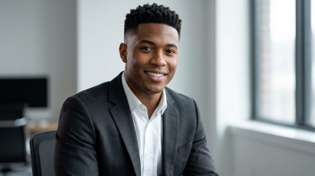 Jeune homme noir souriant avec une coupe taper bas et cheveux courts texturés, vêtu d'une chemise blanche et veste grise.
