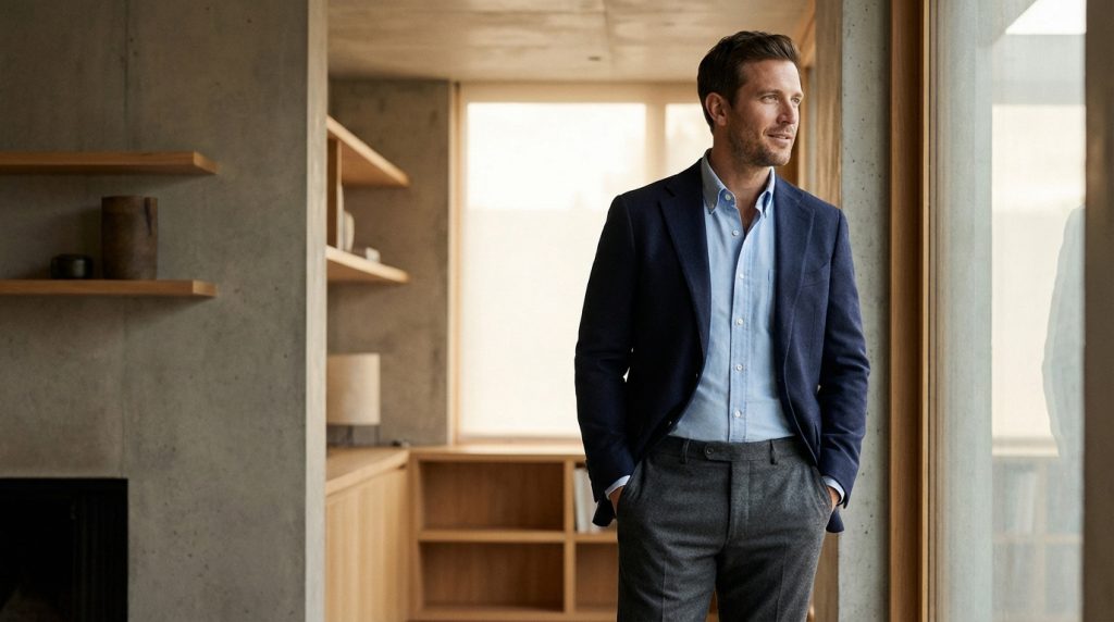 Homme élégant en blazer bleu marine et pantalon gris, mains dans les poches, dans un intérieur moderne et lumineux.
