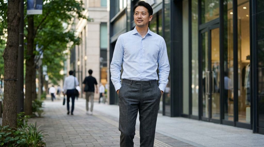 Homme souriant en chemise bleue cintrée et pantalon de costume gris anthracite, mains dans les poches, dans une rue commerçante.