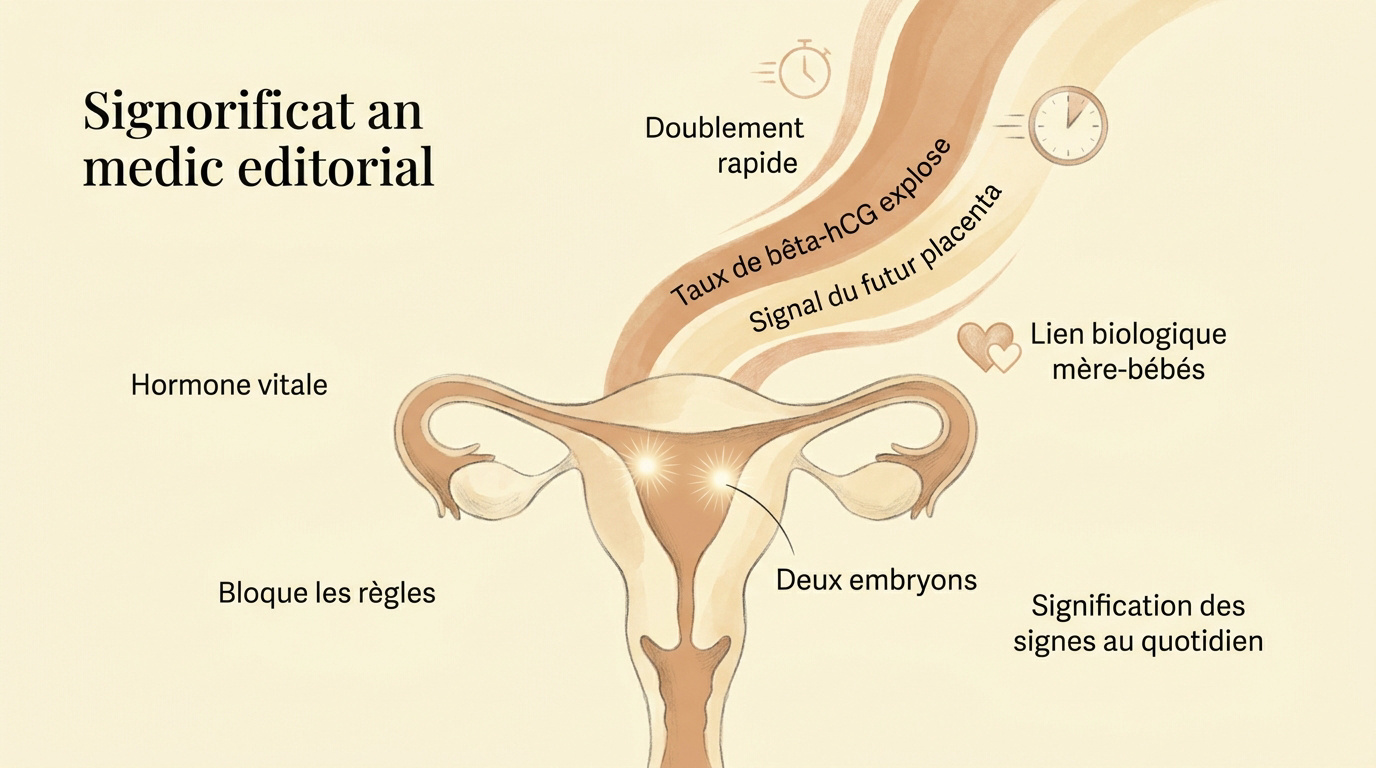 Illustration médicale montrant l'utérus et les mécanismes hormonaux de la grossesse gémellaire
