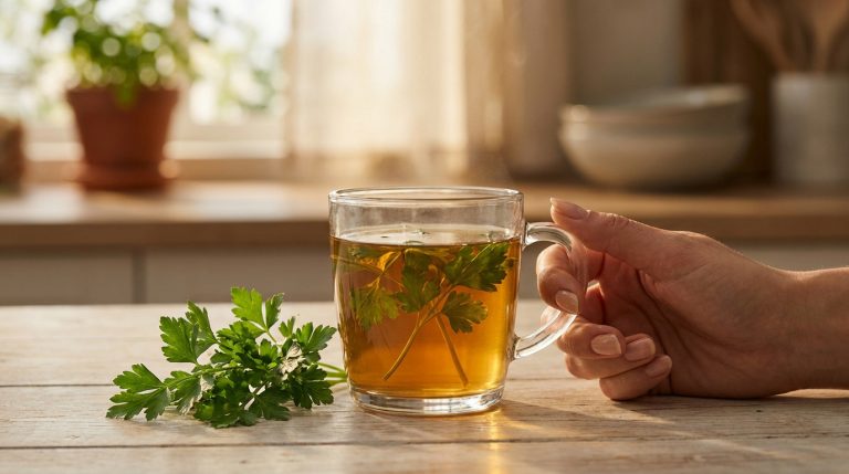 Main féminine tenant une tasse de tisane chaude au persil frais sur une table en bois. Vapeur s'échappant.