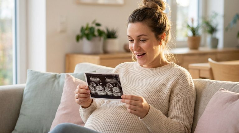 Femme enceinte souriante assise sur un canapé, regardant avec surprise et joie une échographie de jumeaux qu'elle tient.