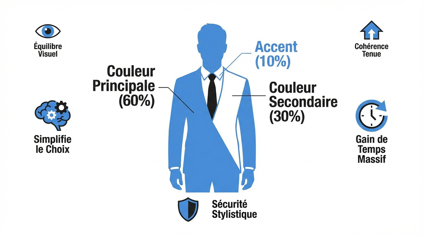 Homme élégant respectant la règle des trois couleurs avec un manteau beige et un pantalon sombre