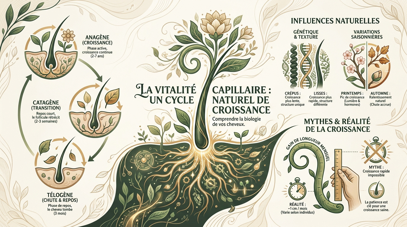 Illustration des phases de croissance et de vitalité du cycle capillaire naturel