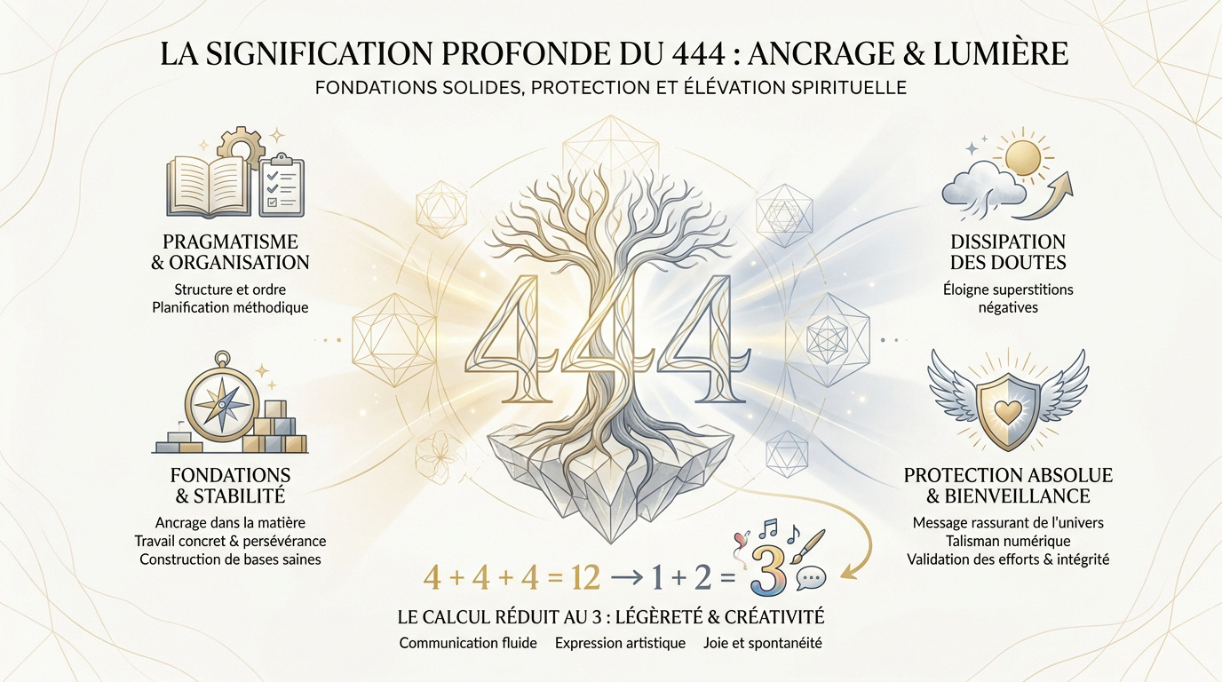 Représentation symbolique du nombre 444 évoquant l'ancrage et la stabilité