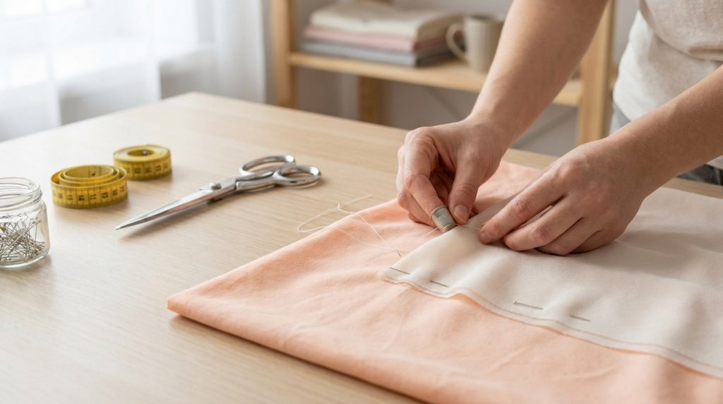 Gros plan sur des mains cousant deux tissus avec une aiguille et un dé. Des ciseaux et rubans à mesurer sont sur la table en bois.