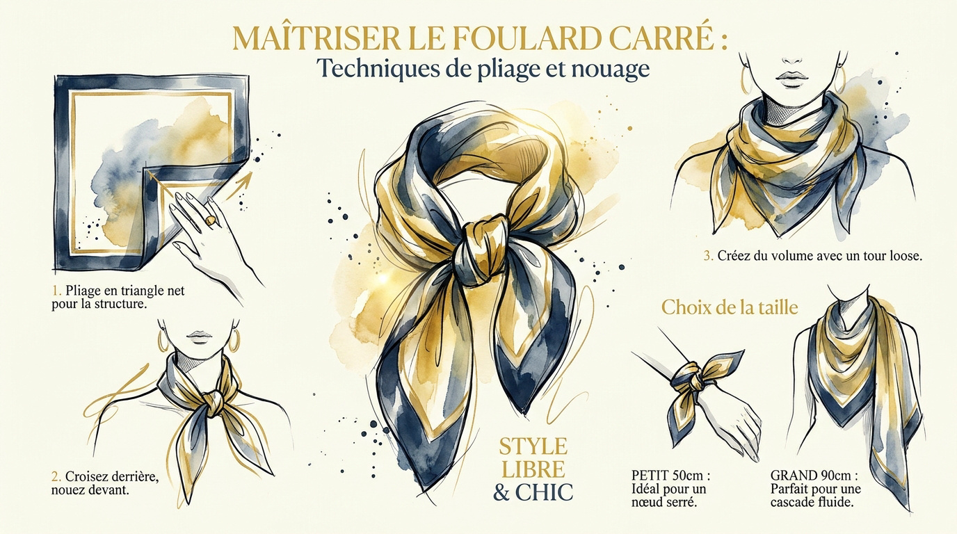 Technique de pliage et nouage d'un foulard carré en soie