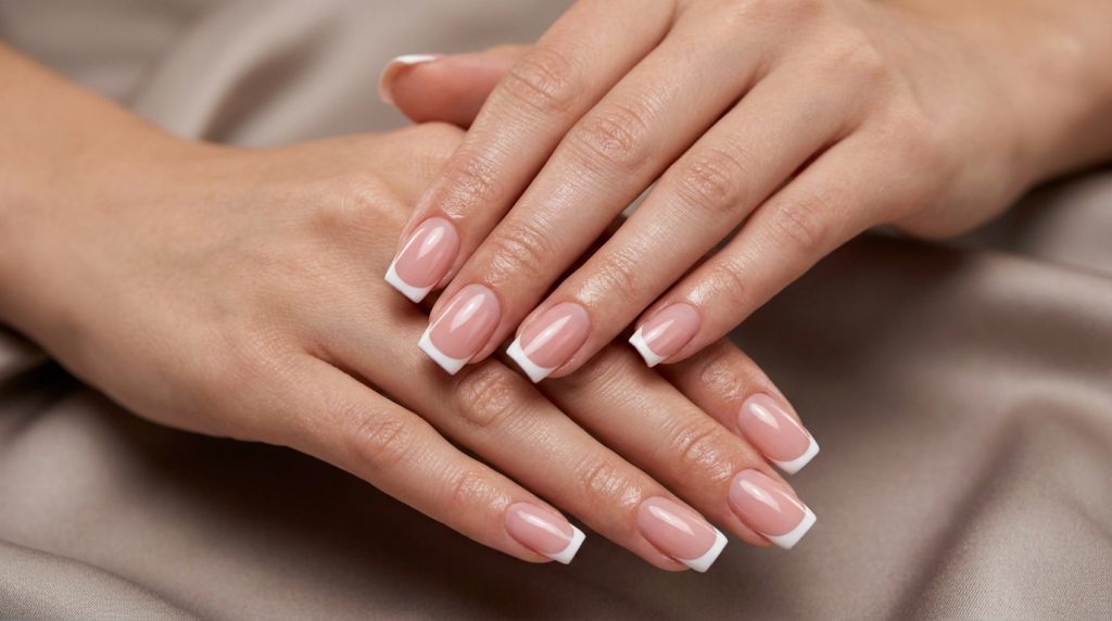 Gros plan sur deux mains féminines aux ongles manucurés avec un style français carré blanc et rose naturel, posées sur un tissu satiné.