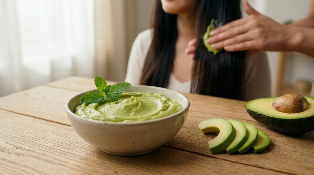 Femme appliquant un masque capillaire à l'avocat sur ses cheveux longs, avec un bol de masque et des avocats coupés sur une table.