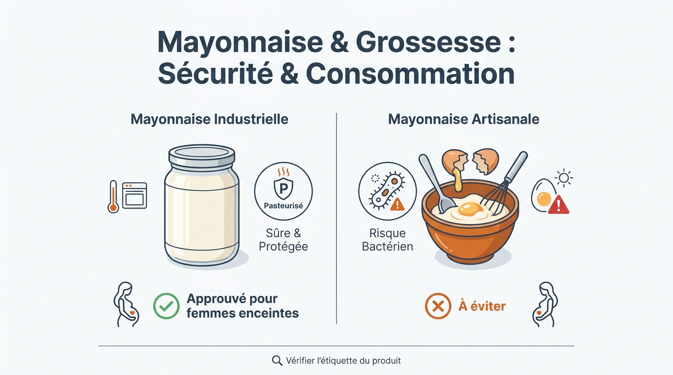 Pot de mayonnaise industrielle sécurisée pour femme enceinte sur une table de cuisine