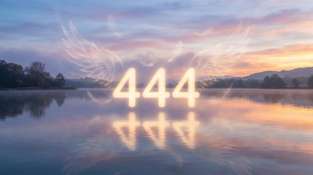 Le nombre lumineux 444 et des ailes d'ange flottent au-dessus d'un lac calme, reflétés dans l'eau, sous un ciel aux couleurs de l'aube ou du crépuscule.