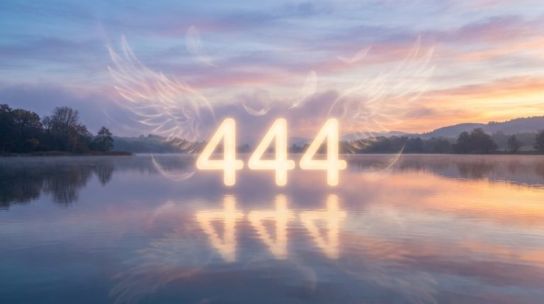 Le nombre lumineux 444 et des ailes d'ange flottent au-dessus d'un lac calme, reflétés dans l'eau, sous un ciel aux couleurs de l'aube ou du crépuscule.
