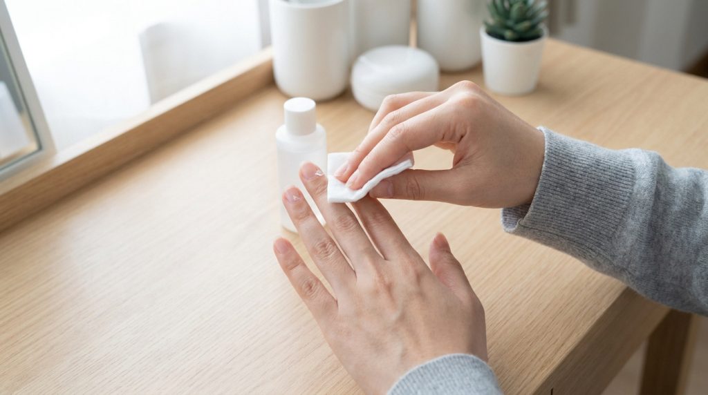 Gros plan sur des mains nettoyant les ongles avec un coton imbibé, pour retirer de la colle. Bouteille de produit sur table en bois.